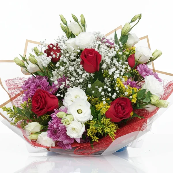 Luxurious flower bouquet with red, white, and purple roses - image 1